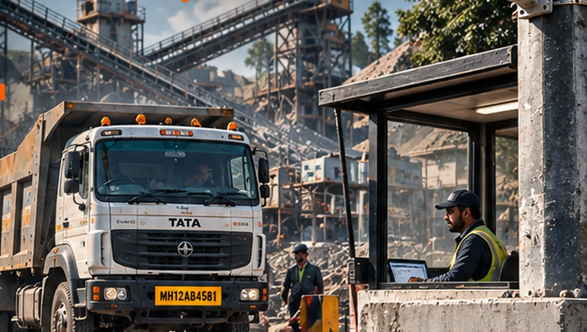 Tipper truck at a crusher plant gate with an operator recording the trip