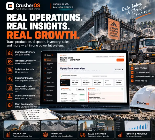 CrusherOS operations overview on a laptop at a crusher plant